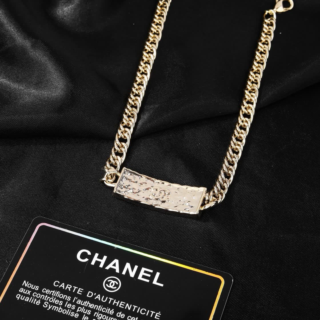Chanel Gold Chain Necklace with Black Rectangle Logo