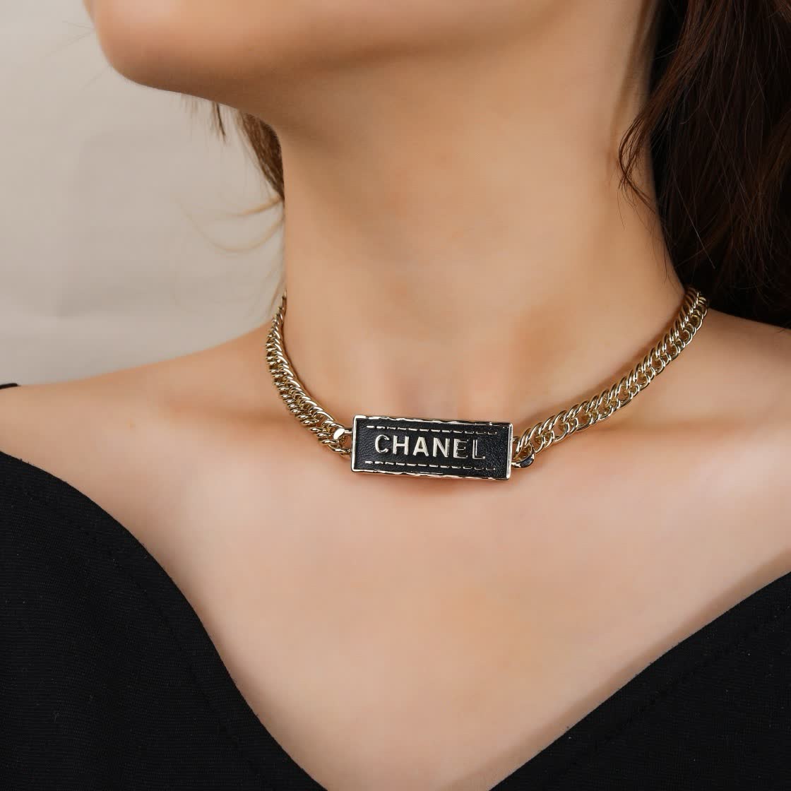 Chanel Gold Chain Necklace with Black Rectangle Logo