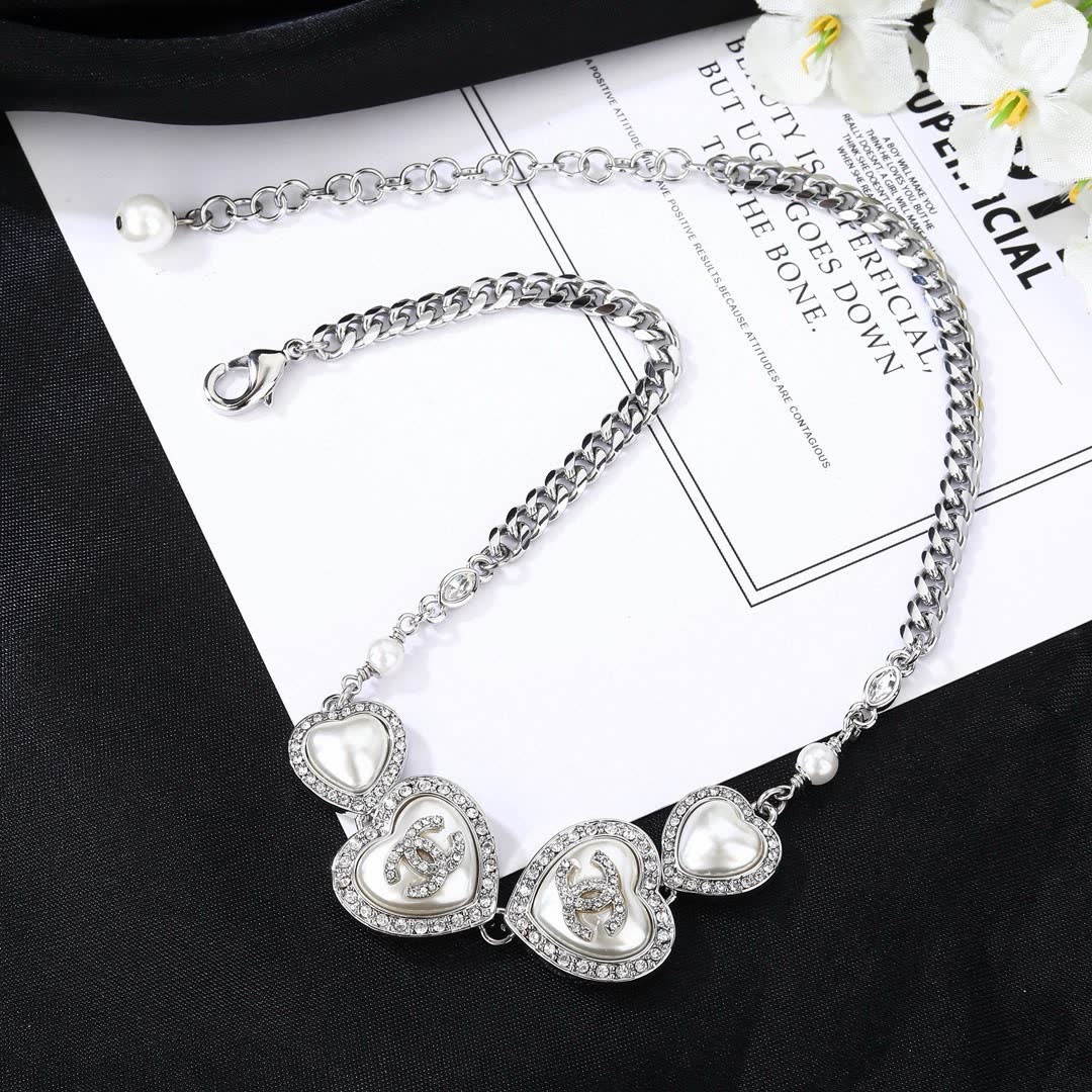 Chanel Silver Heart Necklace with Pearls and Crystals