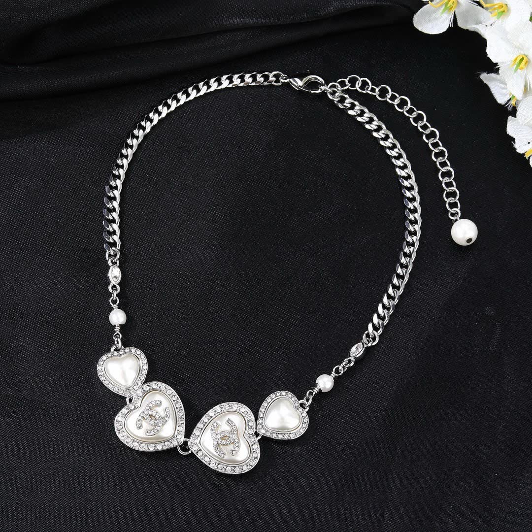 Chanel Silver Heart Necklace with Pearls and Crystals