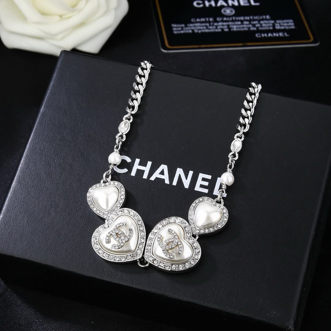 Chanel Silver Heart Necklace with Pearls and Crystals