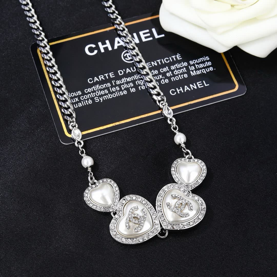 Chanel Silver Heart Necklace with Pearls and Crystals