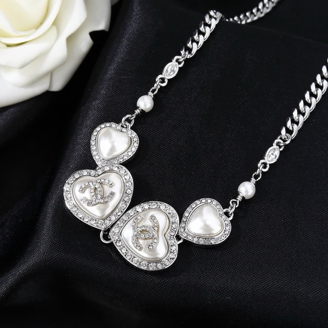 Chanel Silver Heart Necklace with Pearls and Crystals