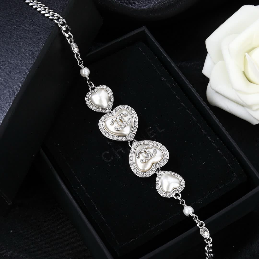 Chanel Silver Heart Necklace with Pearls and Crystals