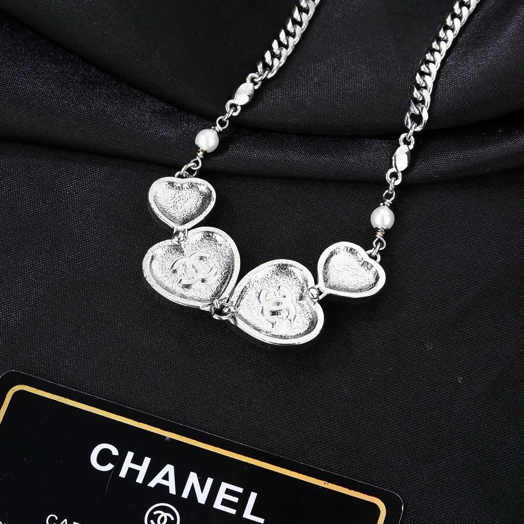 Chanel Silver Heart Necklace with Pearls and Crystals