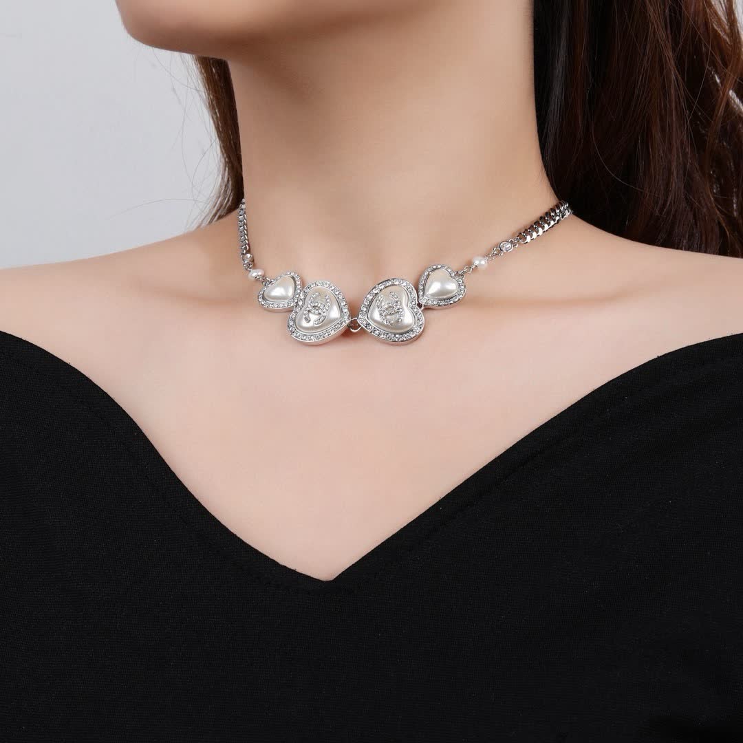 Chanel Silver Heart Necklace with Pearls and Crystals