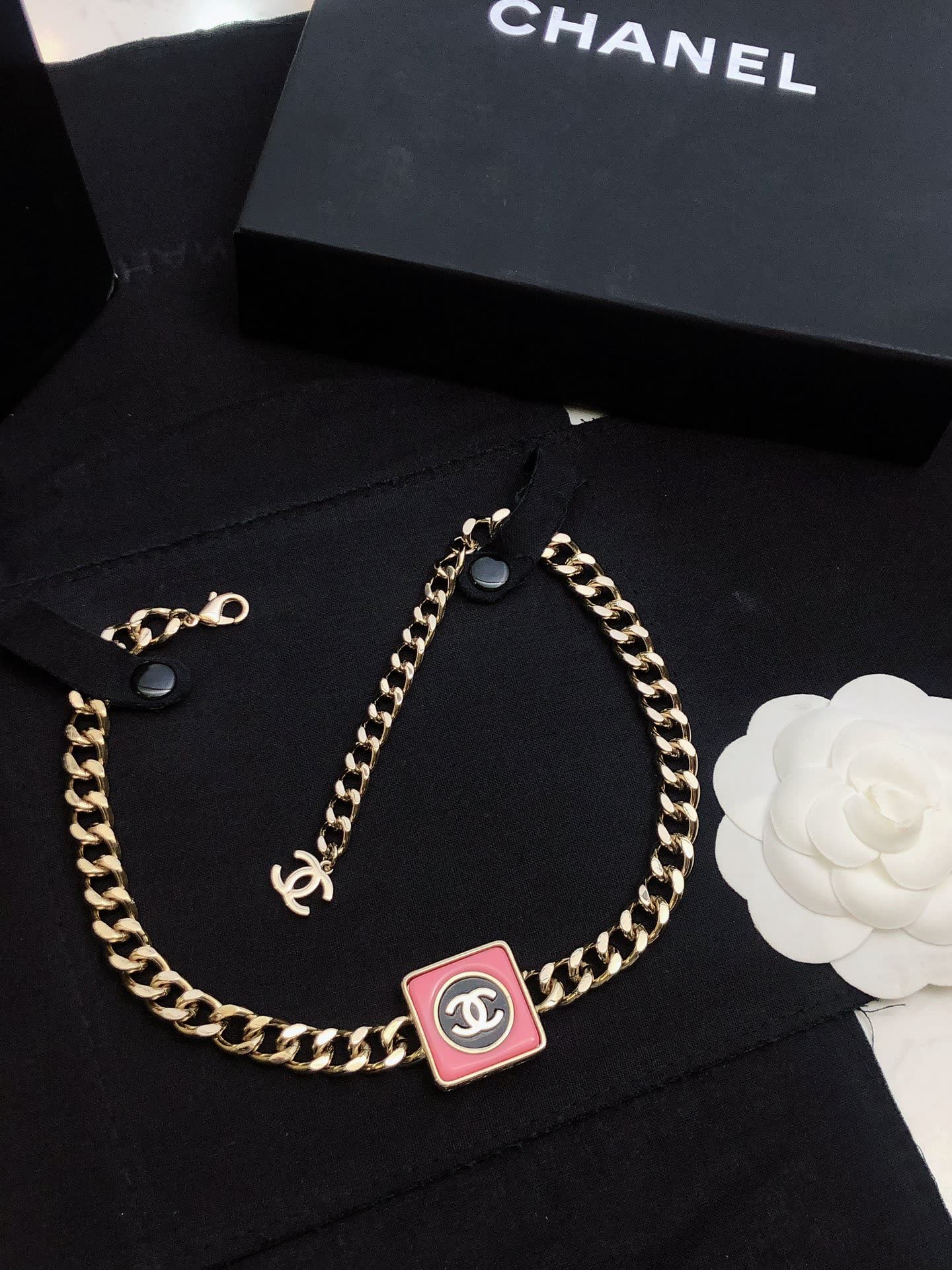 Chanel Necklace with CC Logo and Red Enamel