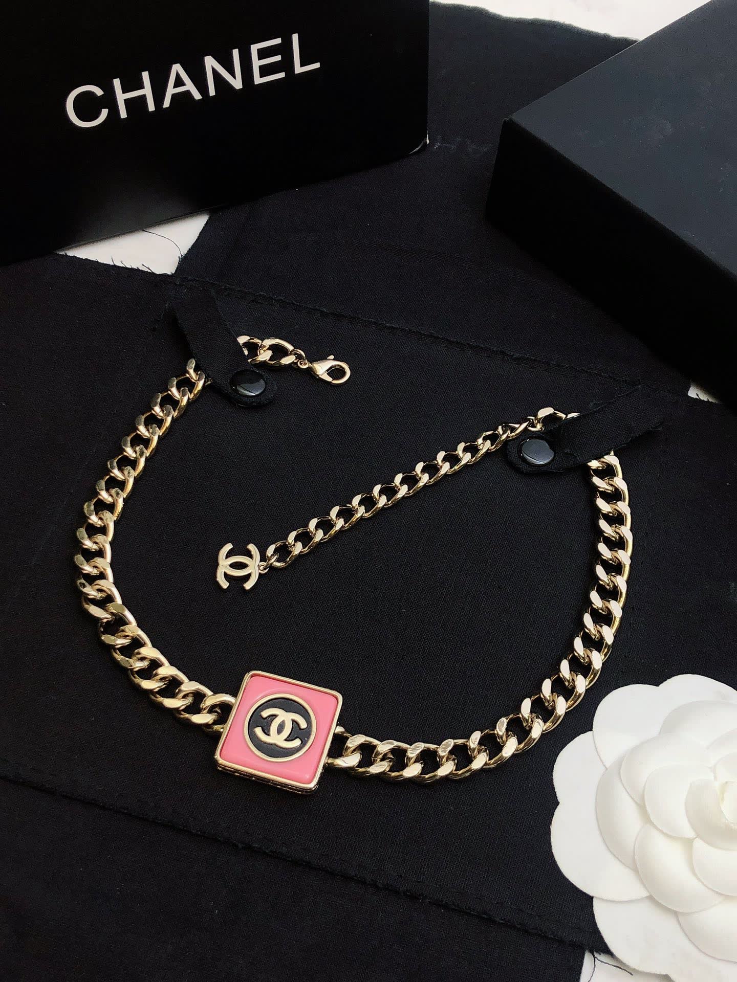Chanel Necklace with CC Logo and Red Enamel