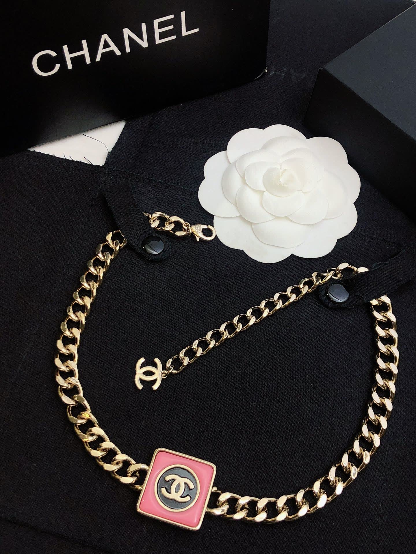 Chanel Necklace with CC Logo and Red Enamel