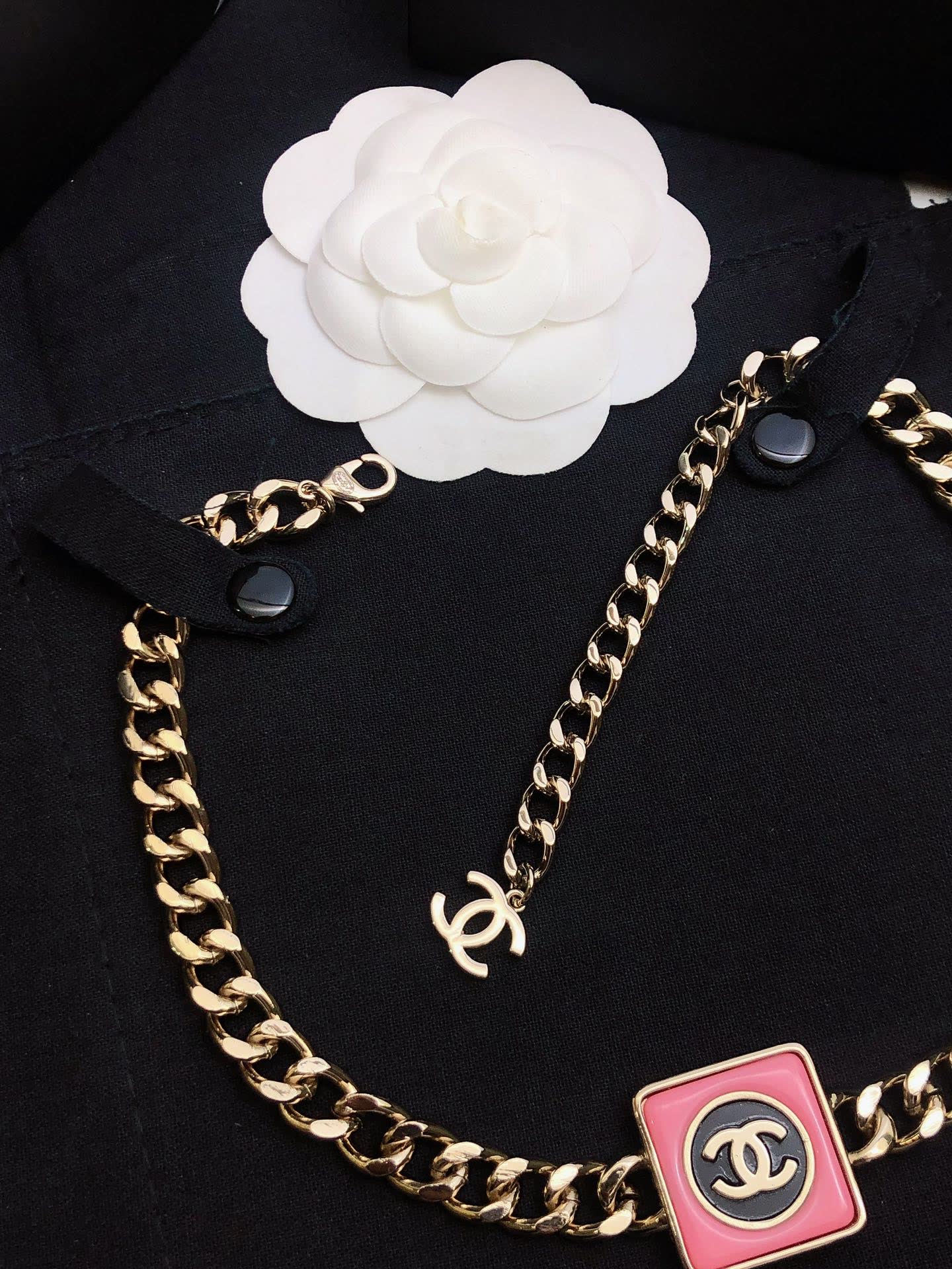 Chanel Necklace with CC Logo and Red Enamel