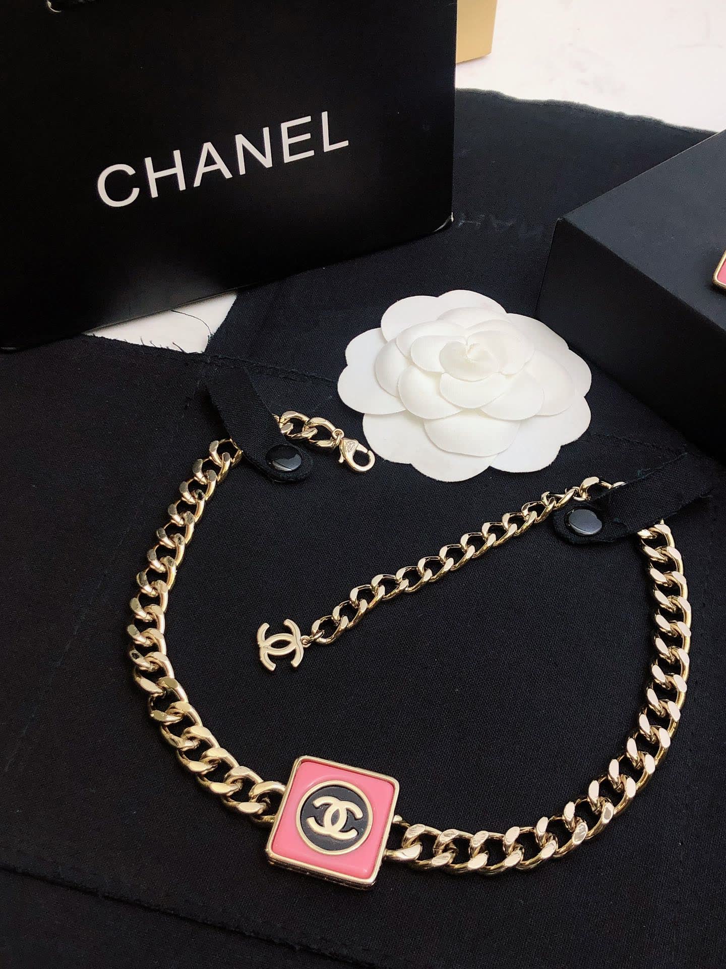 Chanel Necklace with CC Logo and Red Enamel