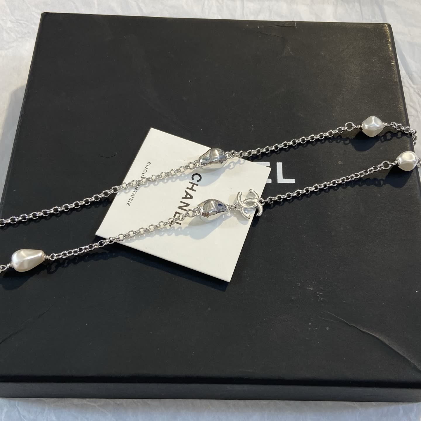 Chanel Silver Tone Pearl and Crystal Necklace