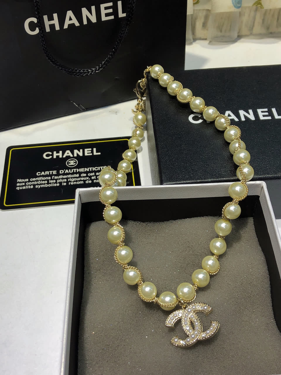 Chanel Pearl Necklace with CC Pendant