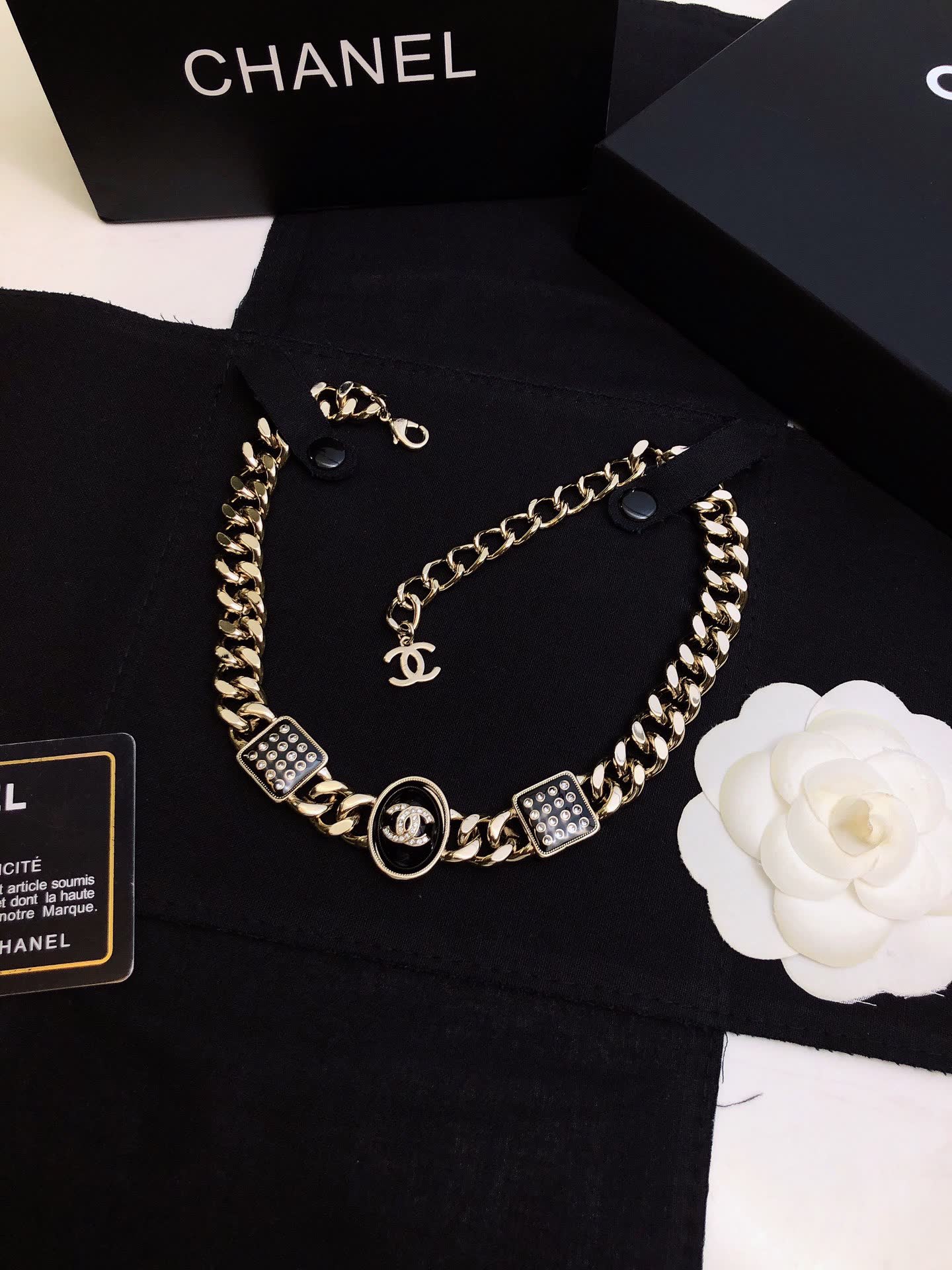 Chanel Necklace - Gold Chain with CC Logo and Crystal Accents