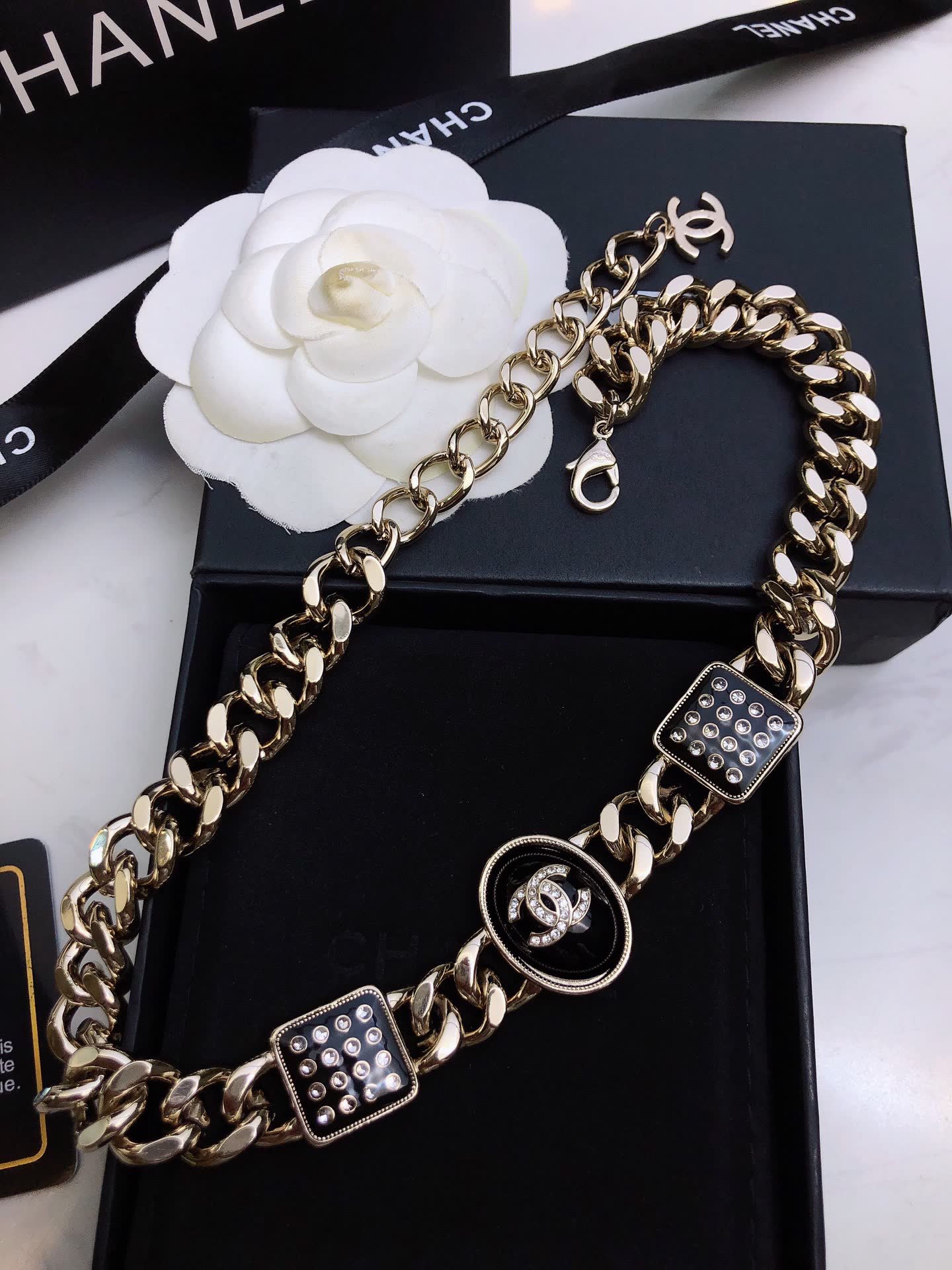 Chanel Necklace - Gold Chain with CC Logo and Crystal Accents