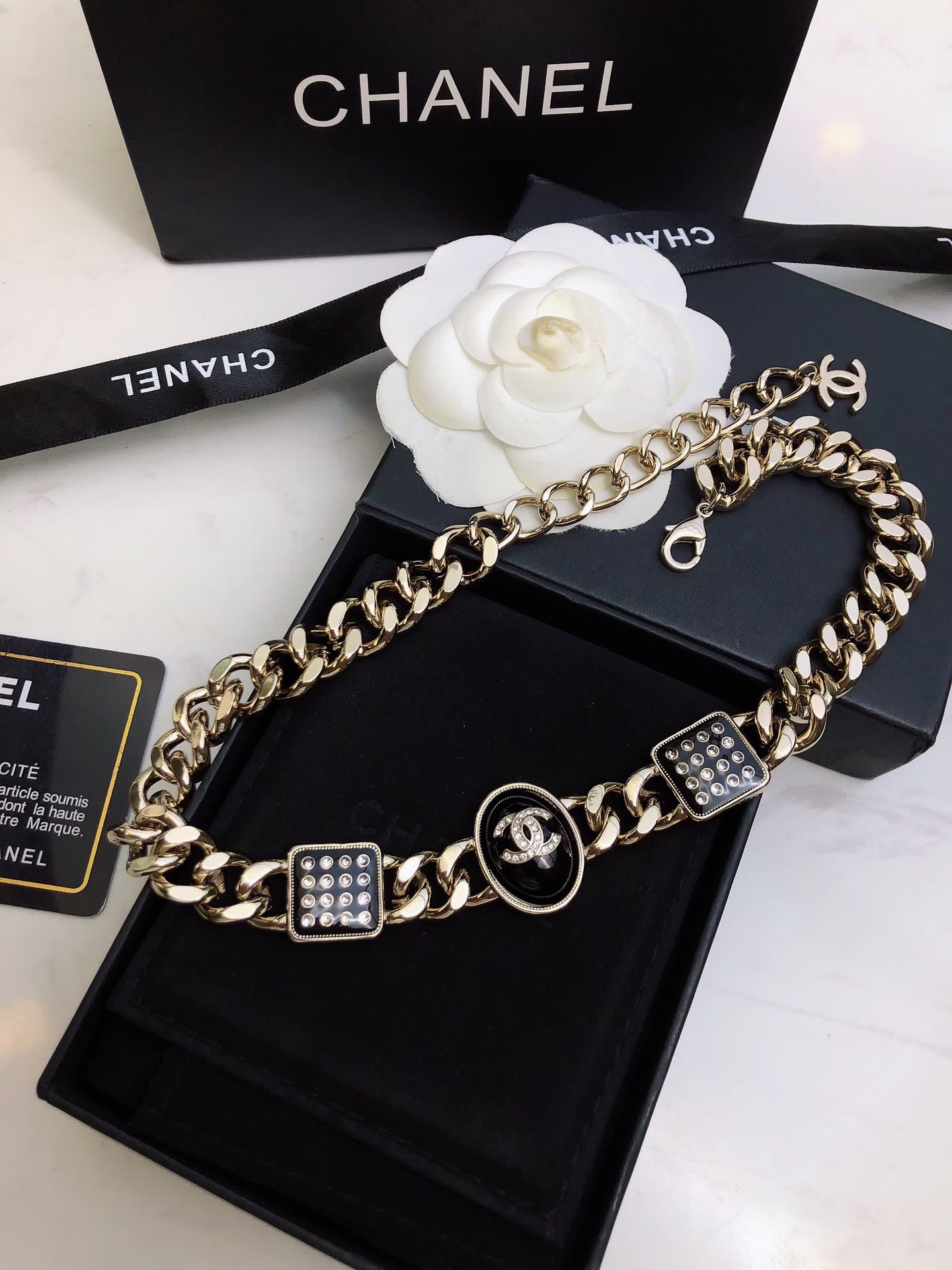 Chanel Necklace - Gold Chain with CC Logo and Crystal Accents