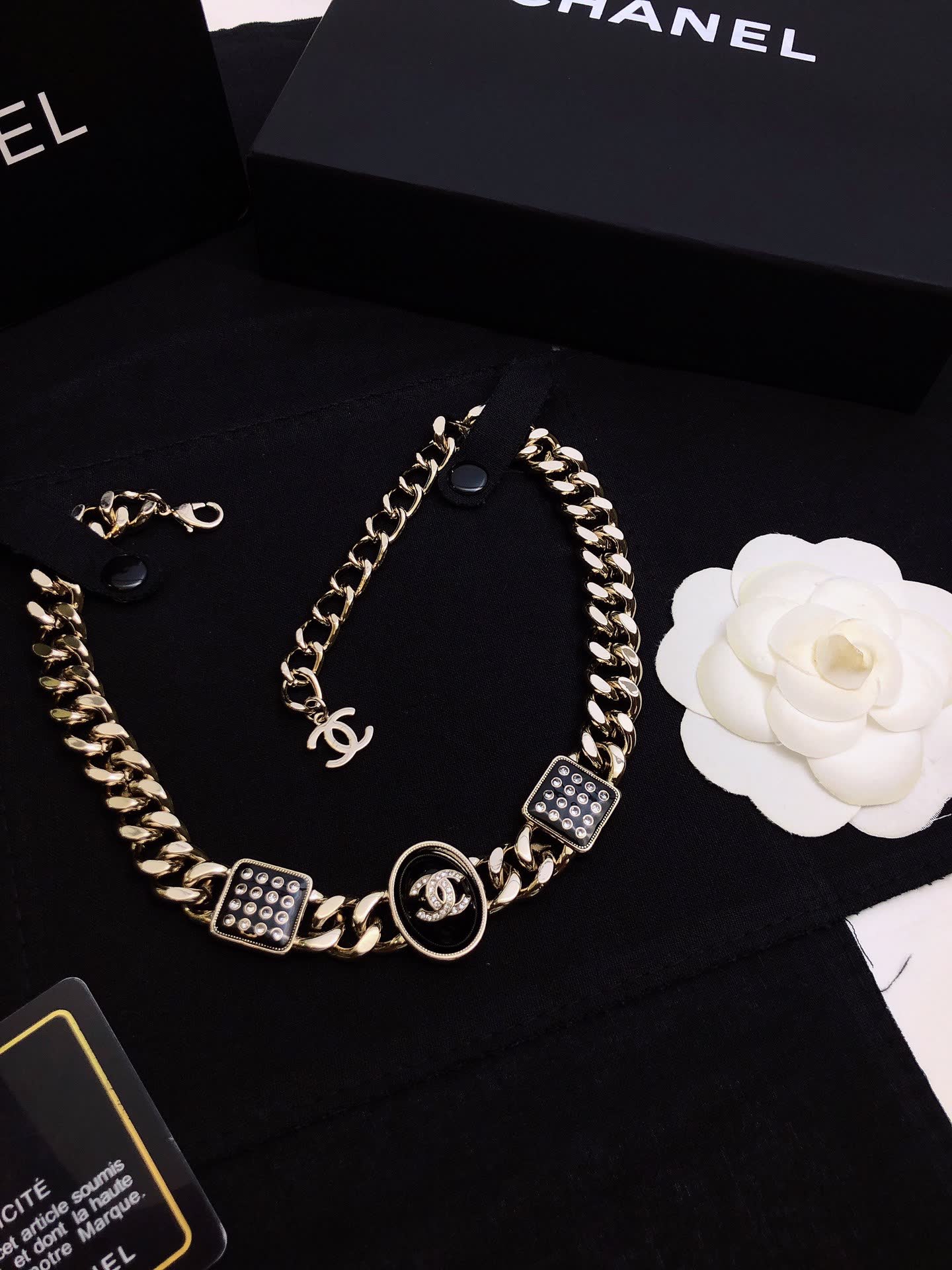 Chanel Necklace - Gold Chain with CC Logo and Crystal Accents