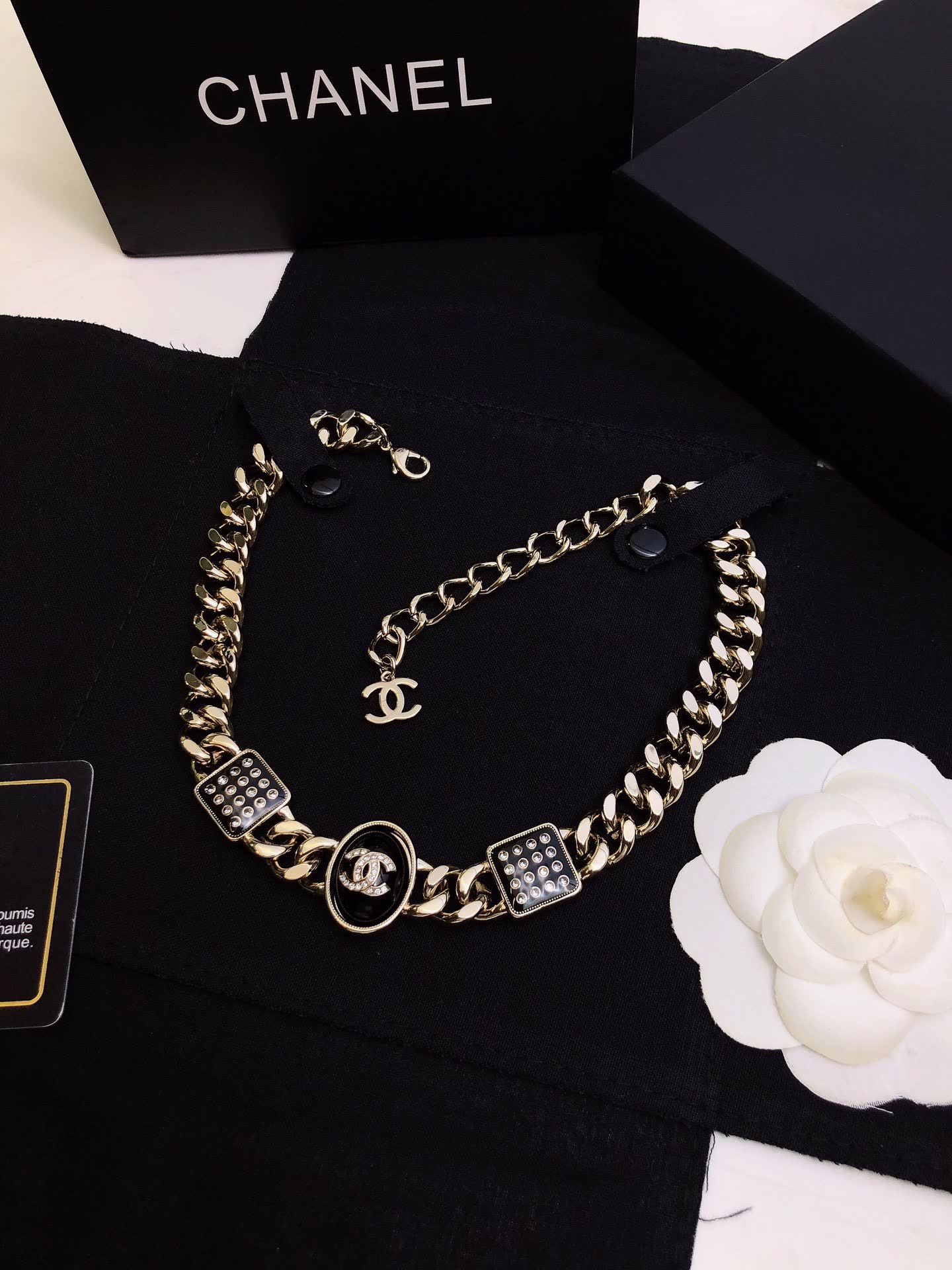 Chanel Necklace - Gold Chain with CC Logo and Crystal Accents