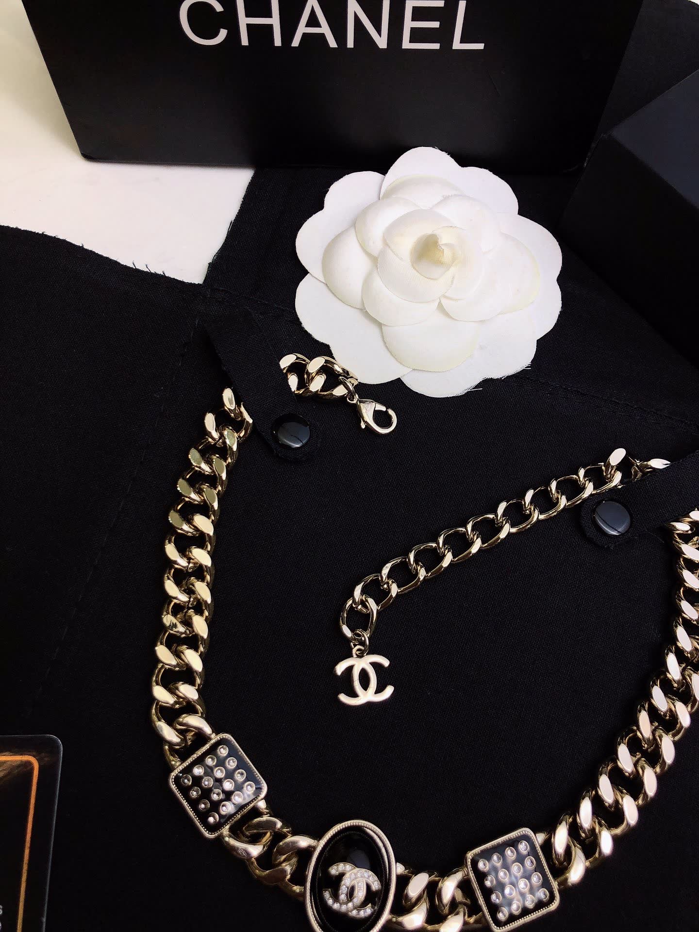 Chanel Necklace - Gold Chain with CC Logo and Crystal Accents