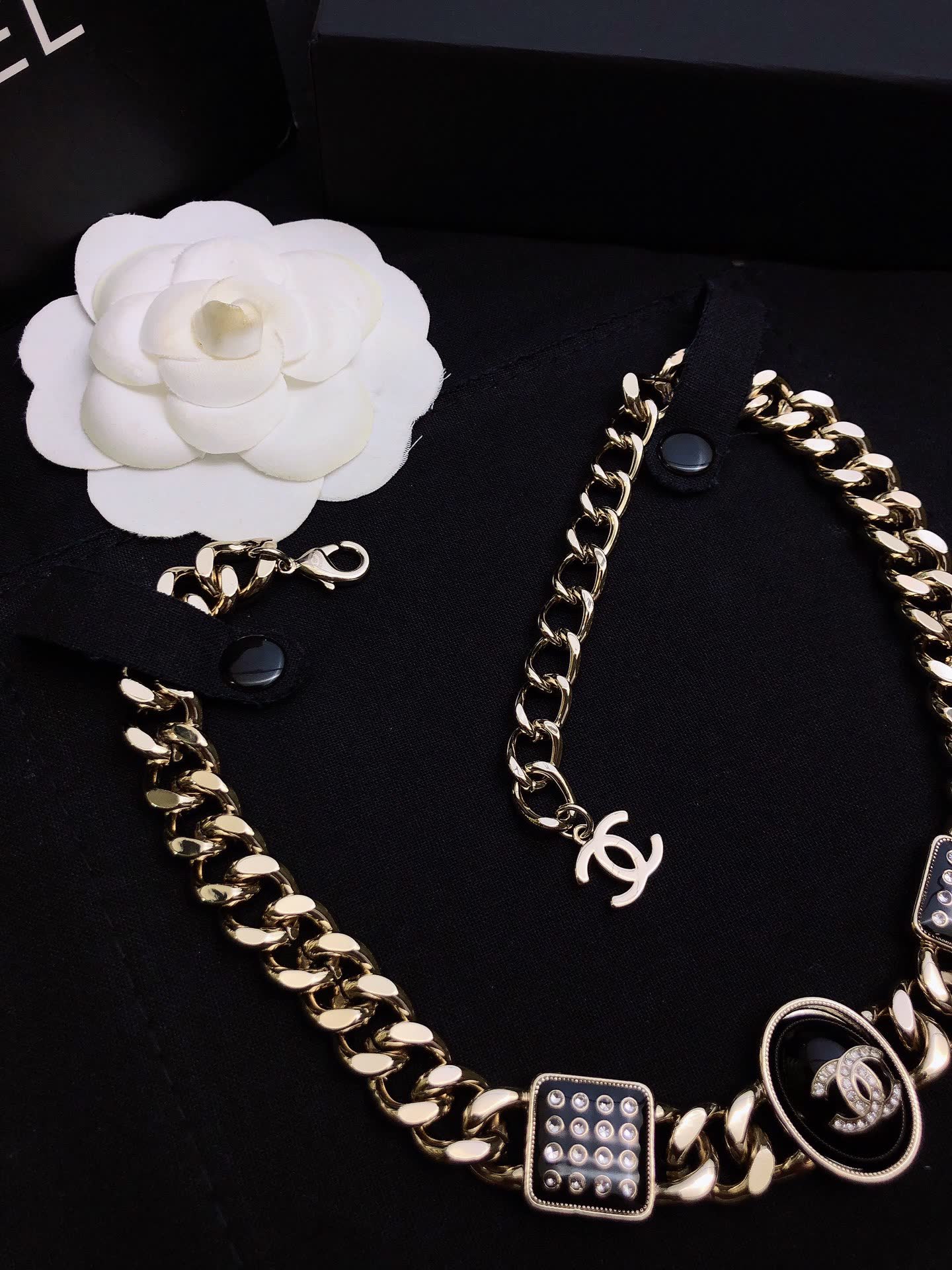 Chanel Necklace - Gold Chain with CC Logo and Crystal Accents