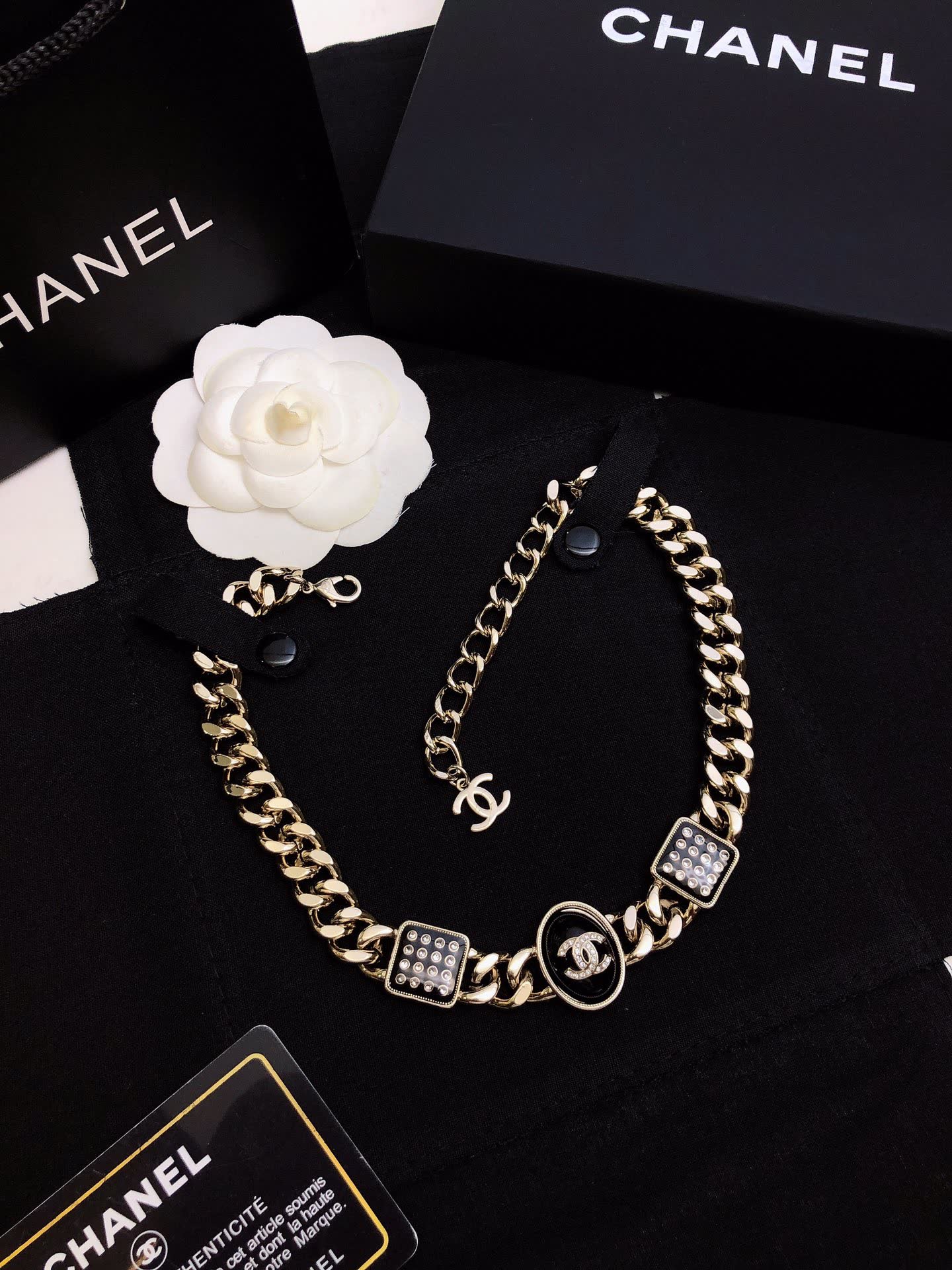 Chanel Necklace - Gold Chain with CC Logo and Crystal Accents