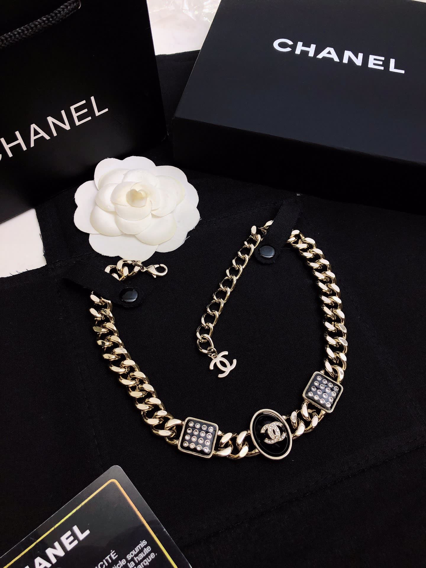 Chanel Necklace - Gold Chain with CC Logo and Crystal Accents