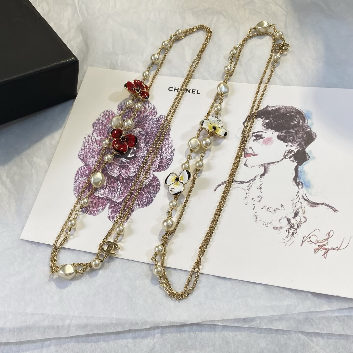 Chanel Red Flower and Pearl Necklace