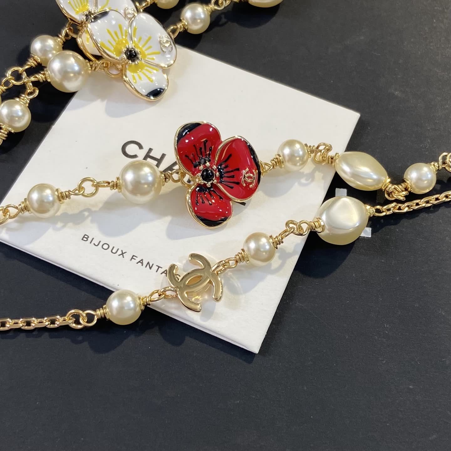 Chanel Red Flower and Pearl Necklace