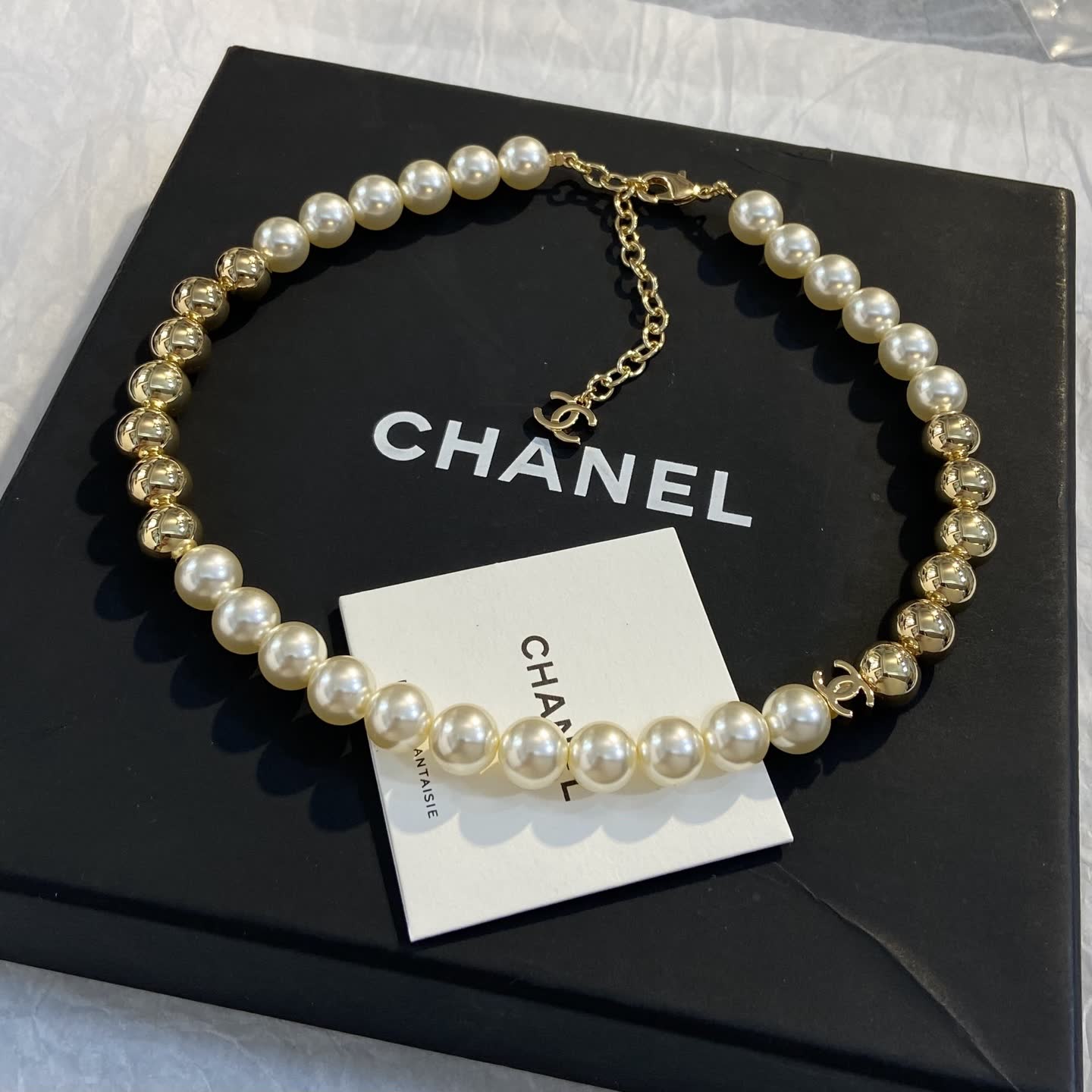 Chanel Pearl and Gold Bead Necklace