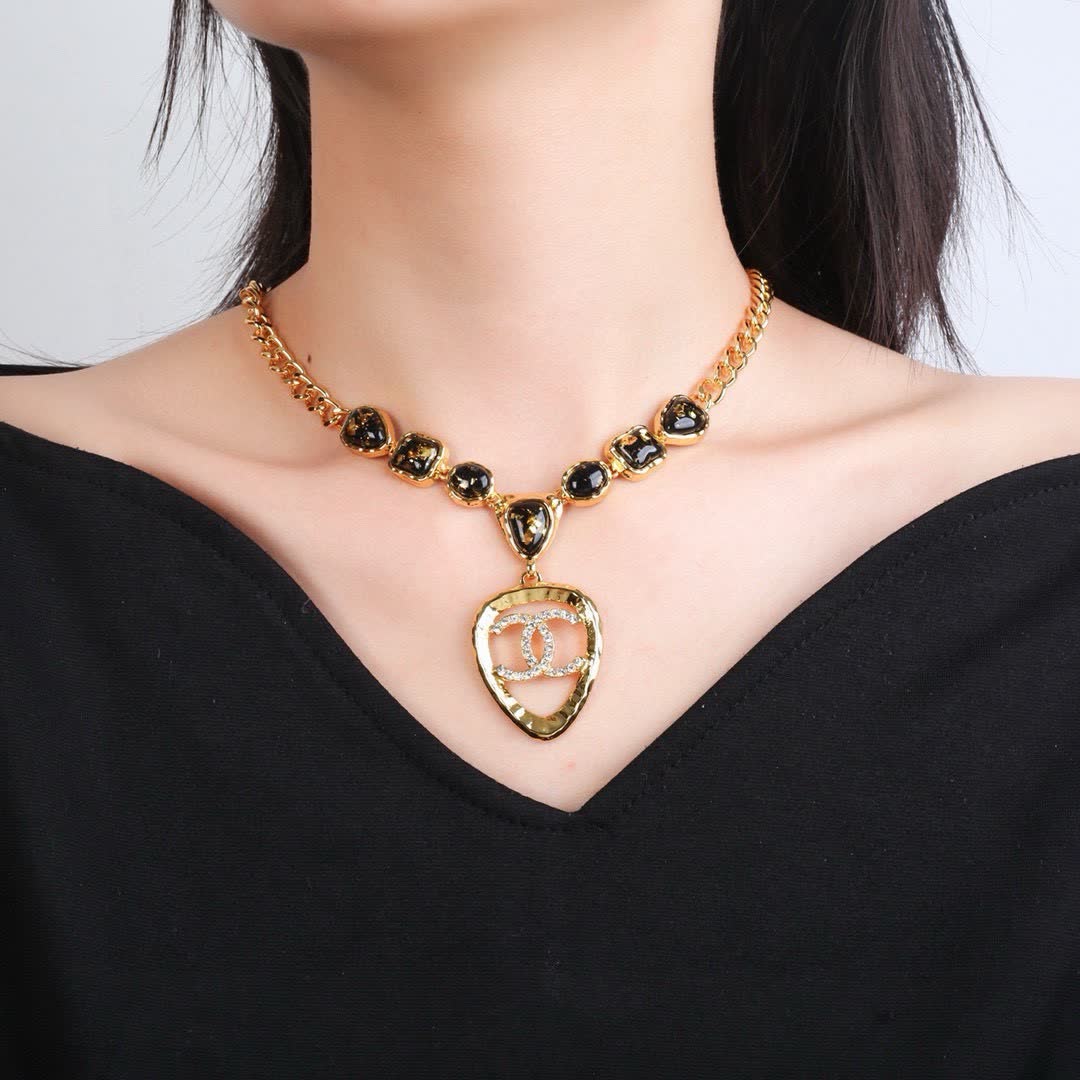 Chanel Gold-tone and Black Stone Necklace