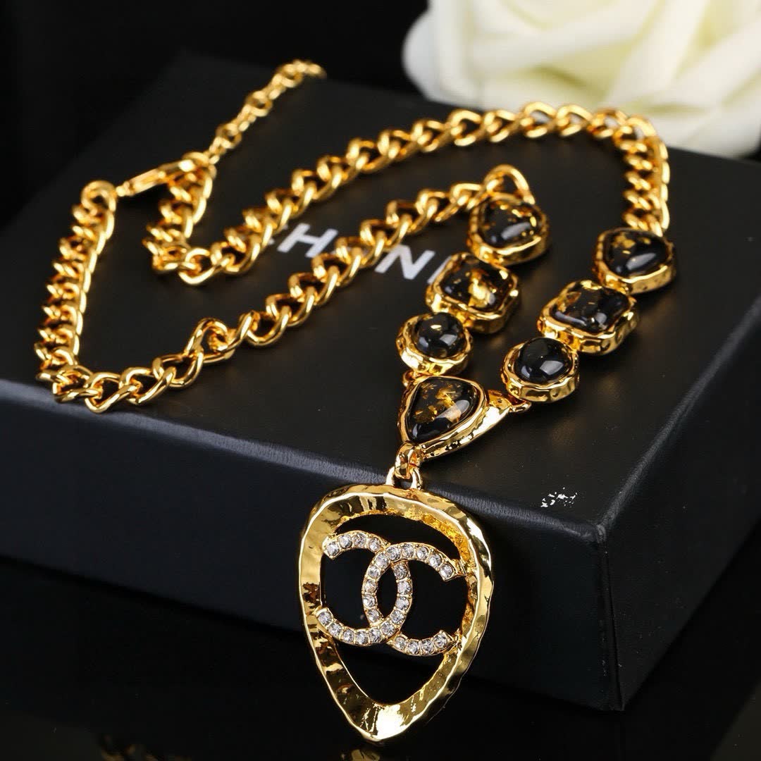 Chanel Gold-tone and Black Stone Necklace