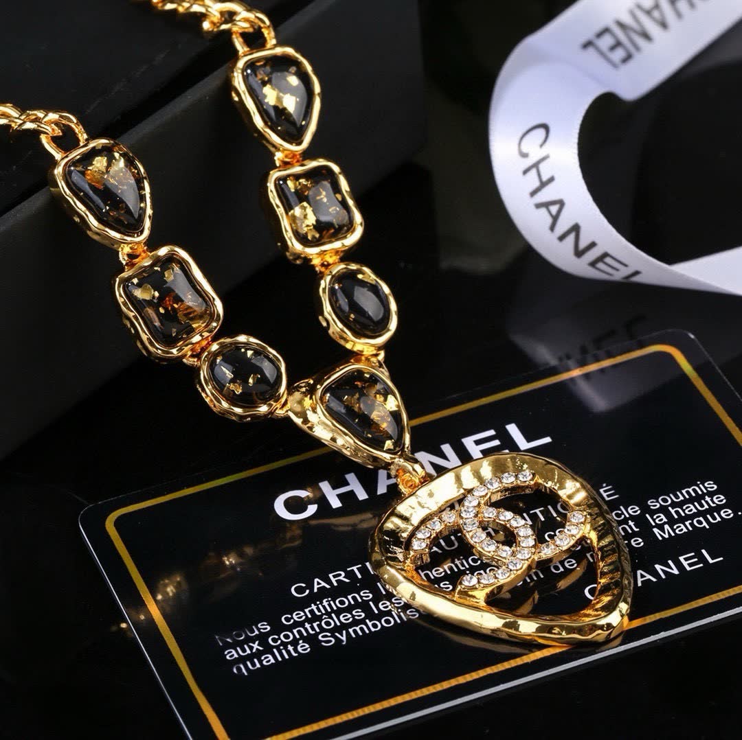 Chanel Gold-tone and Black Stone Necklace
