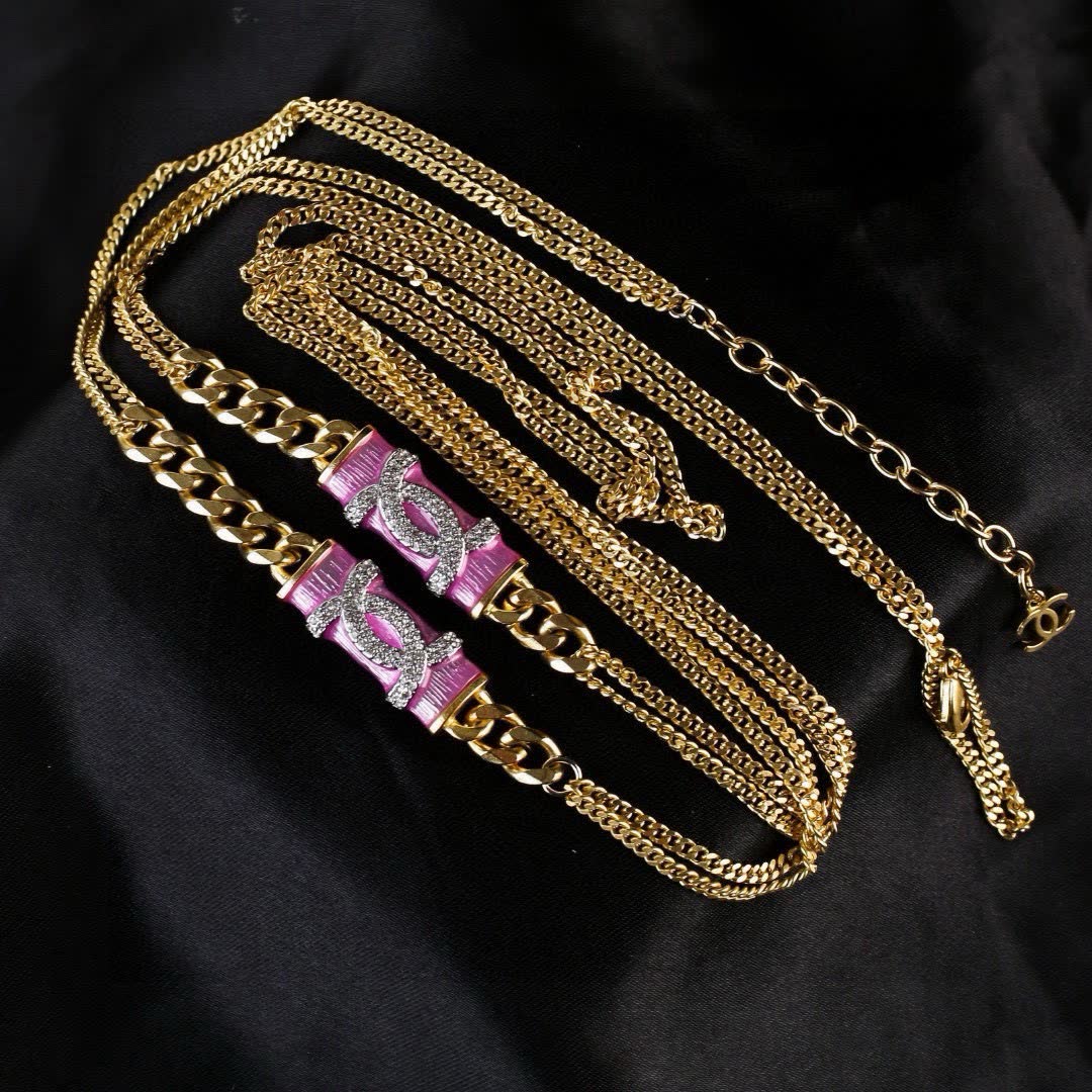 Chanel Gold Chain Necklace with Pink Enamel and Crystal CC Logo
