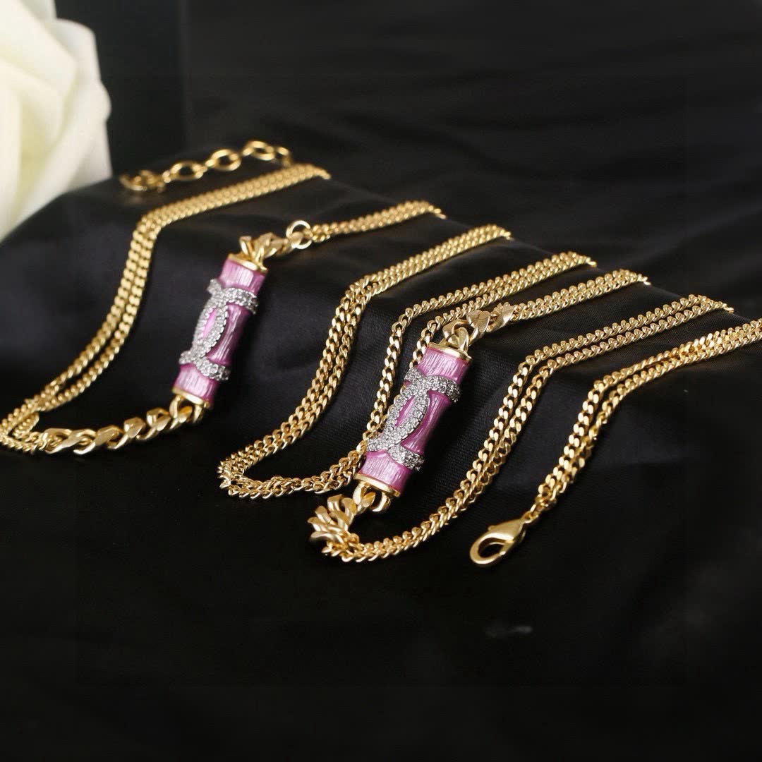 Chanel Gold Chain Necklace with Pink Enamel and Crystal CC Logo
