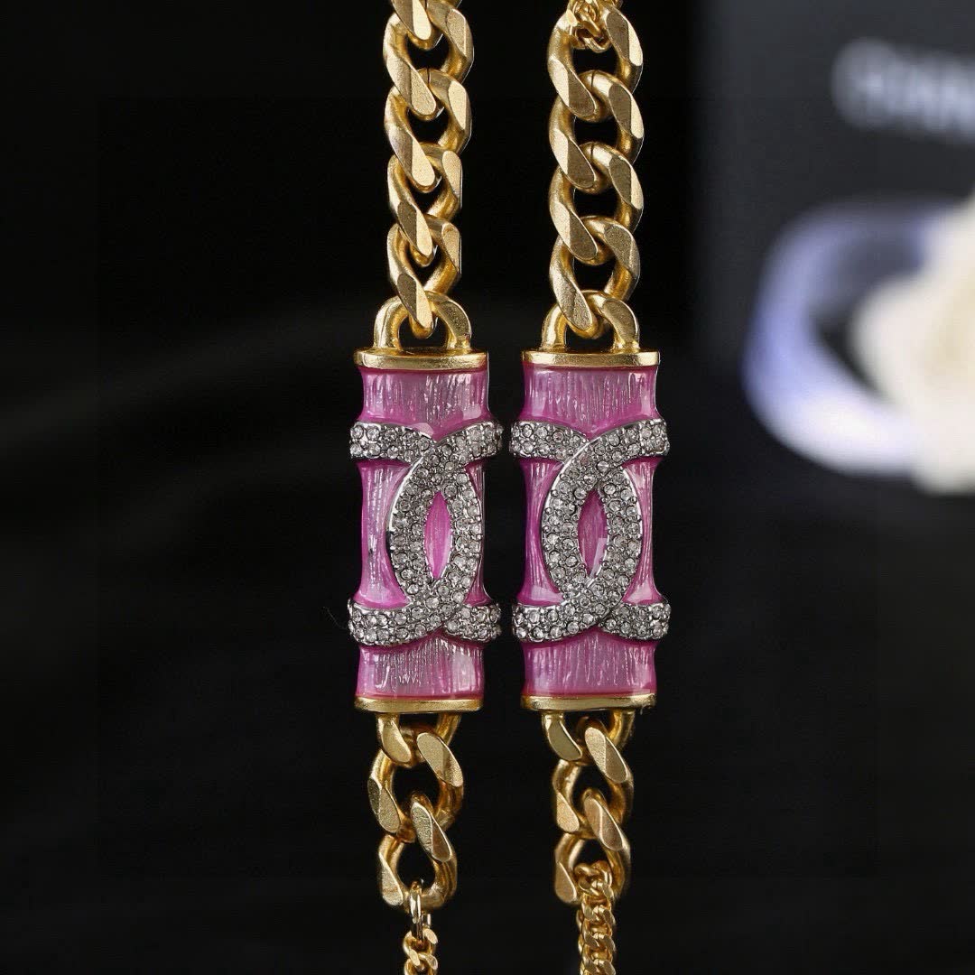 Chanel Gold Chain Necklace with Pink Enamel and Crystal CC Logo