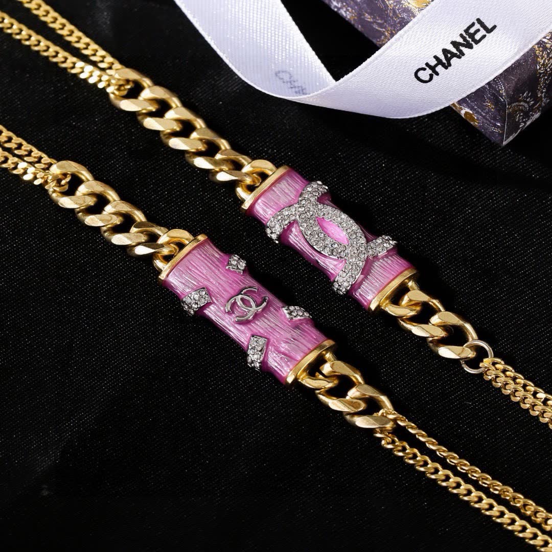Chanel Gold Chain Necklace with Pink Enamel and Crystal CC Logo