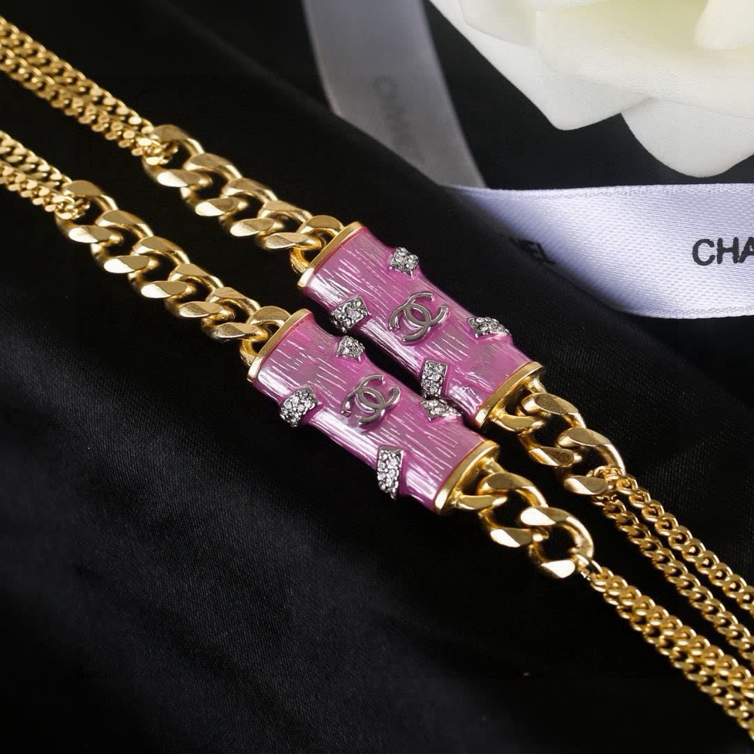 Chanel Gold Chain Necklace with Pink Enamel and Crystal CC Logo