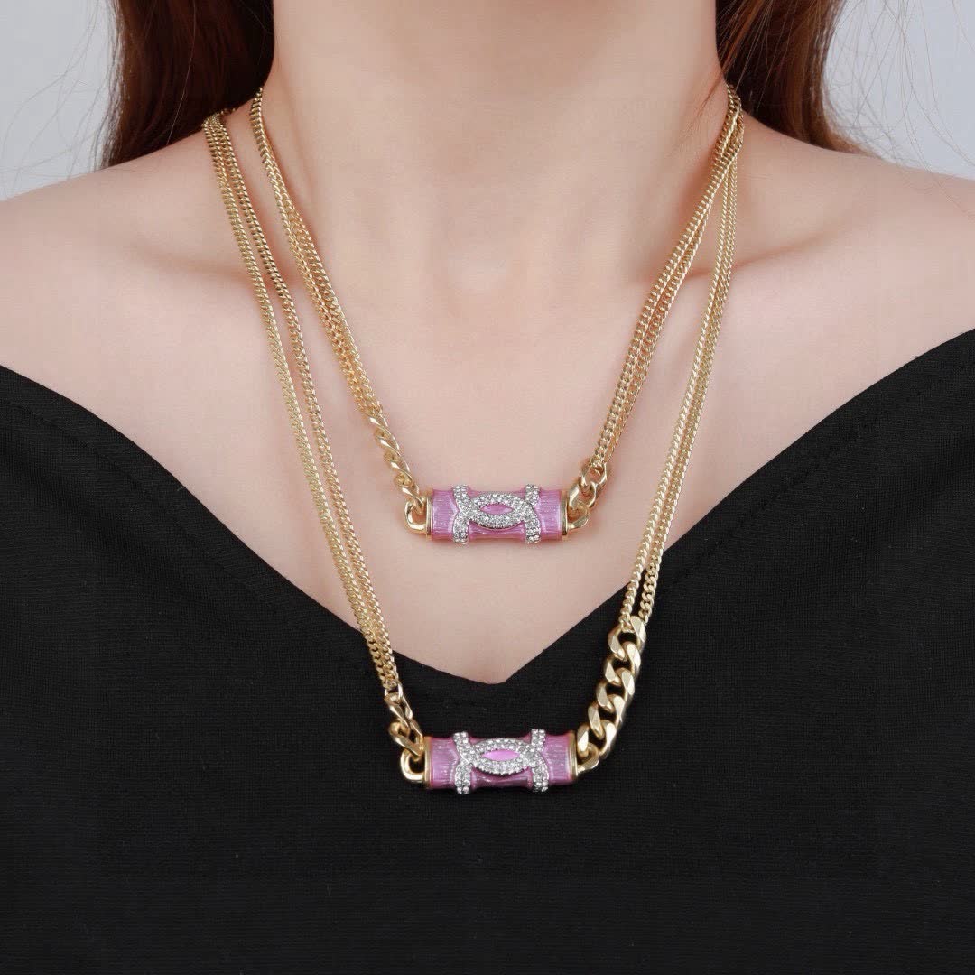 Chanel Gold Chain Necklace with Pink Enamel and Crystal CC Logo