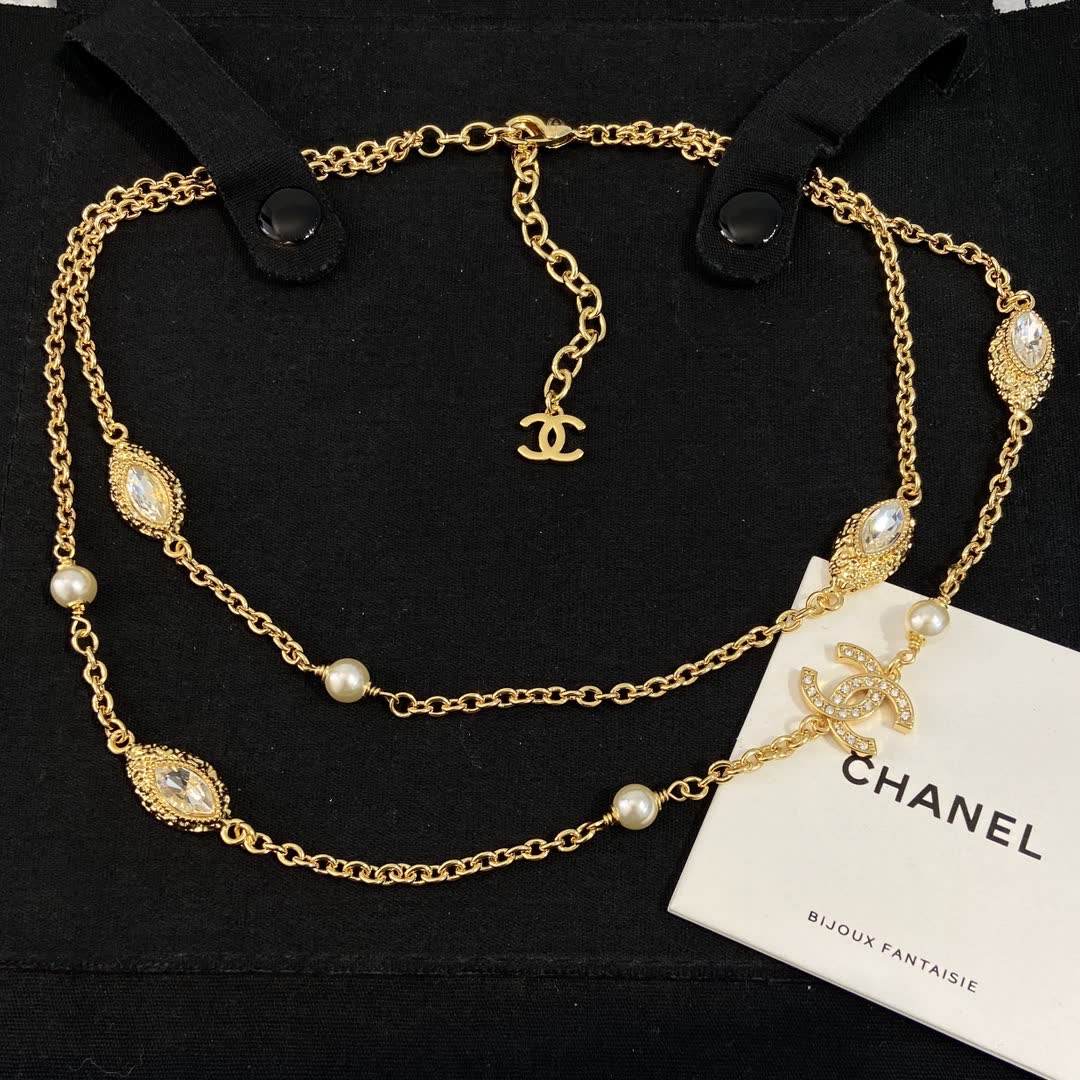 Chanel Gold Tone Crystal and Pearl Necklace