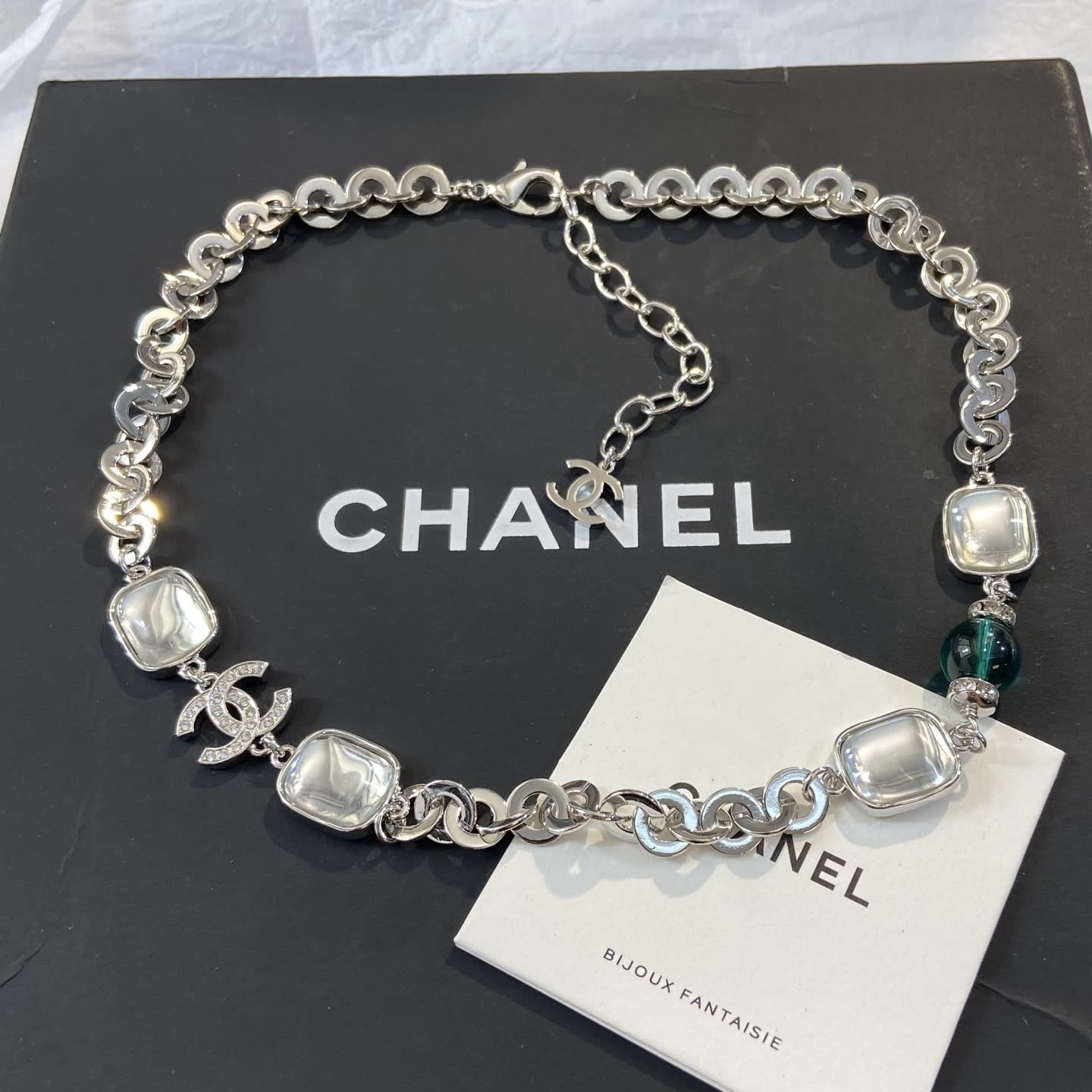 Chanel Necklace - Silver Tone with Crystal and Bead Accents