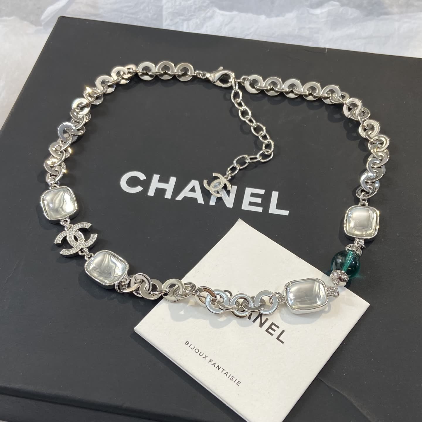 Chanel Necklace - Silver Tone with Crystal and Bead Accents