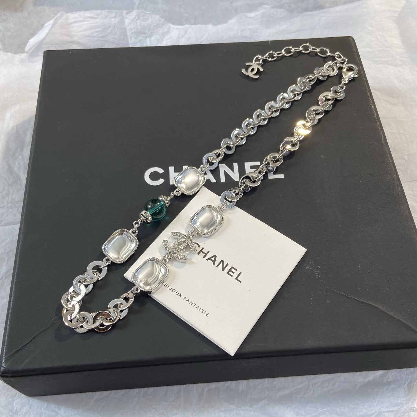 Chanel Necklace - Silver Tone with Crystal and Bead Accents