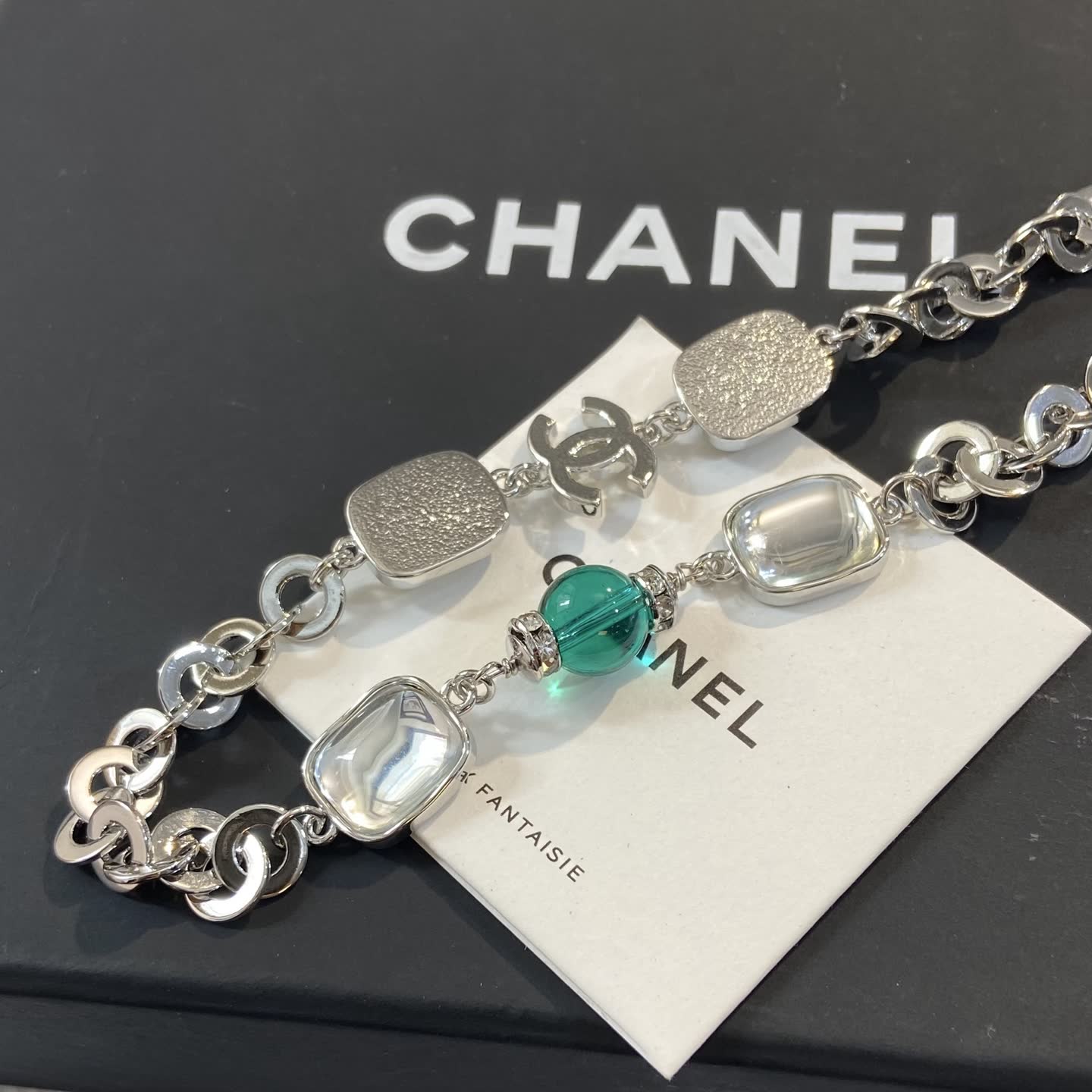 Chanel Necklace - Silver Tone with Crystal and Bead Accents
