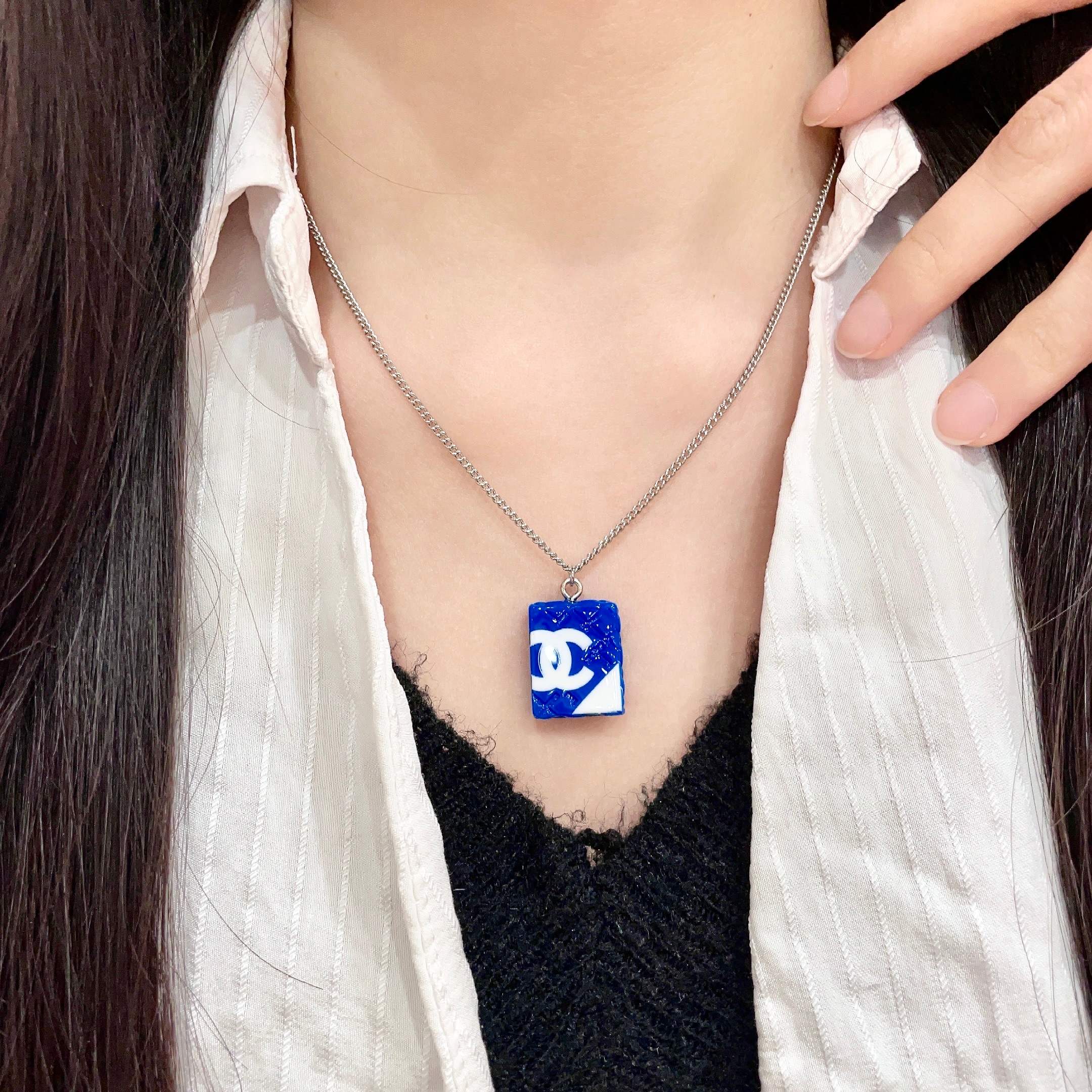Chanel Blue Square Pendant Necklace Chanel Blue Square Pendant Necklace