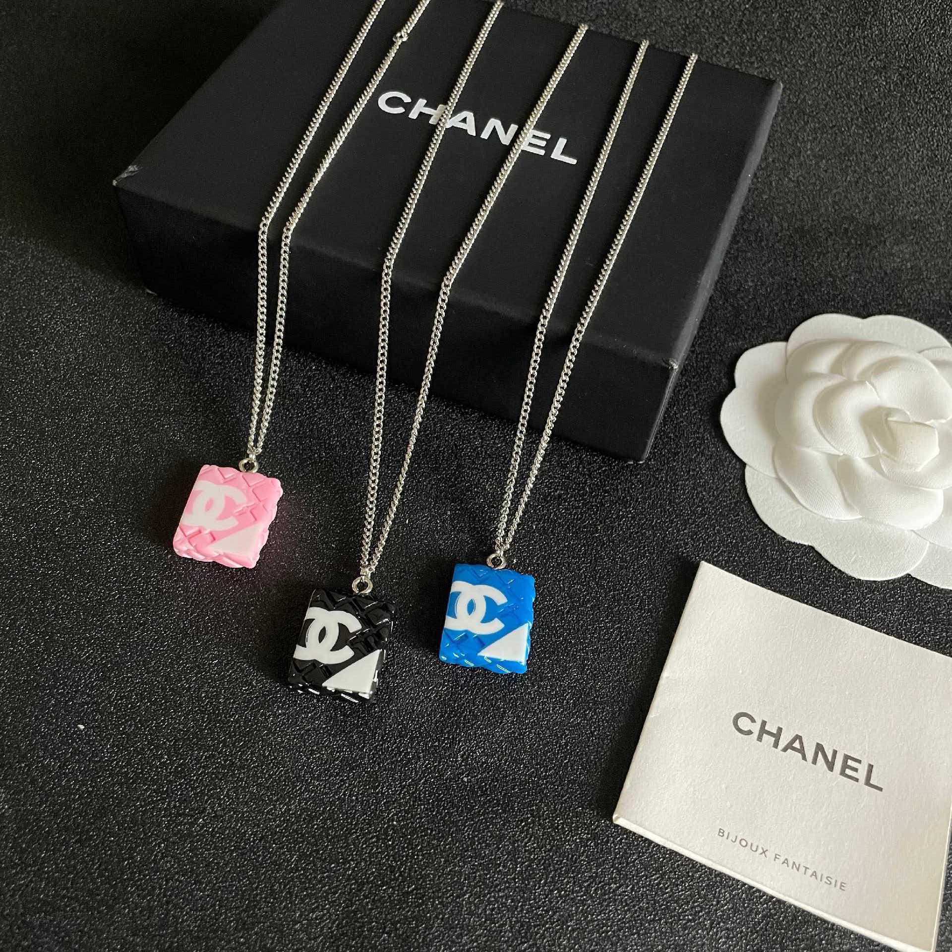 Chanel Blue Square Pendant Necklace