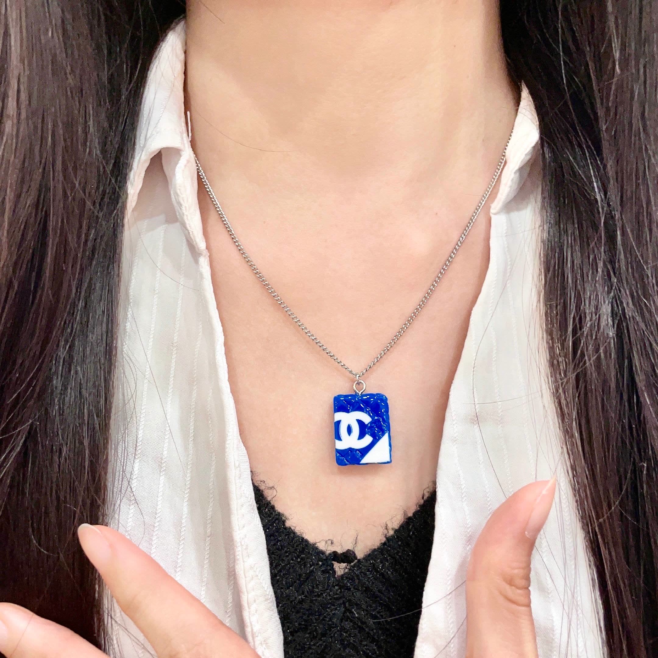 Chanel Blue Square Pendant Necklace
