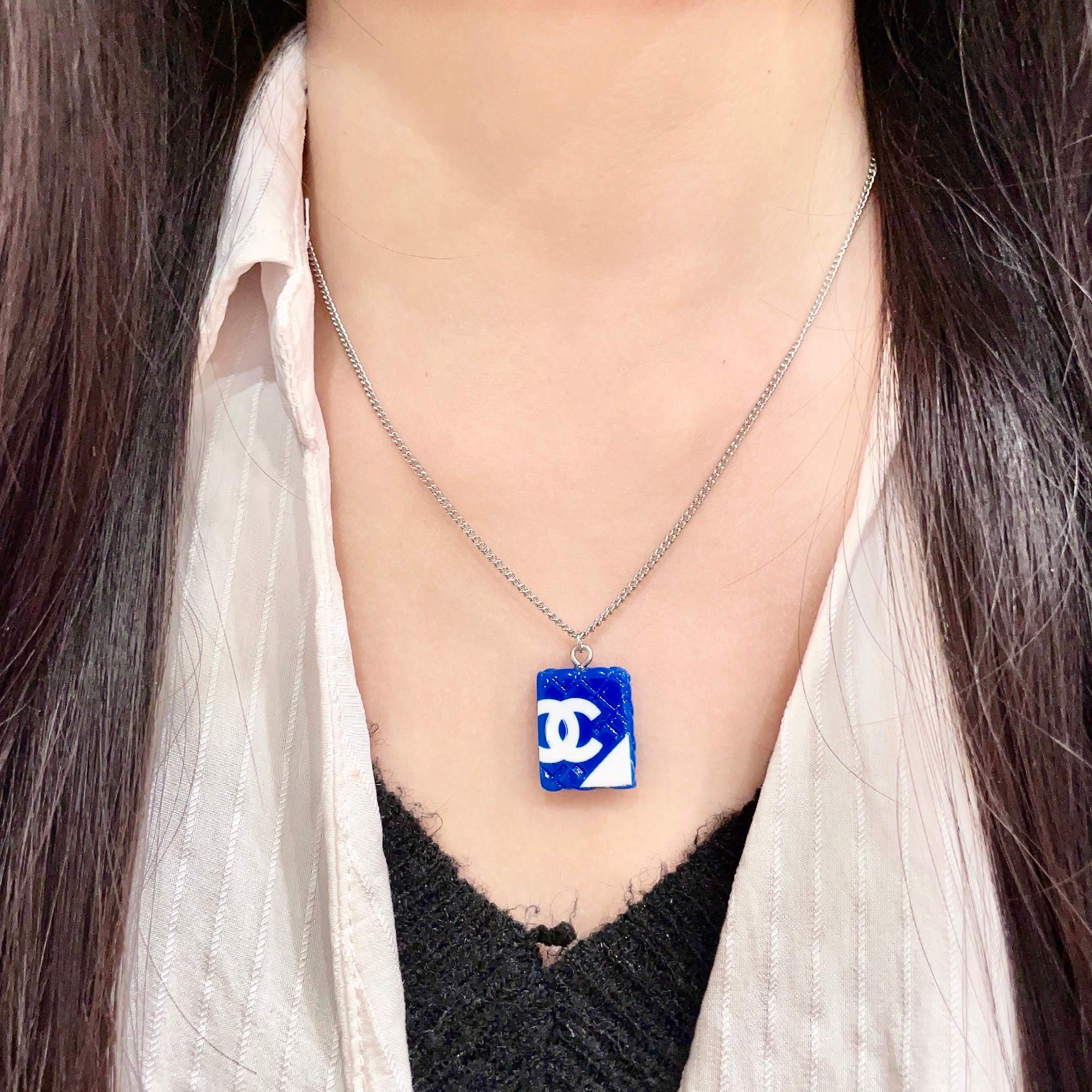 Chanel Blue Square Pendant Necklace