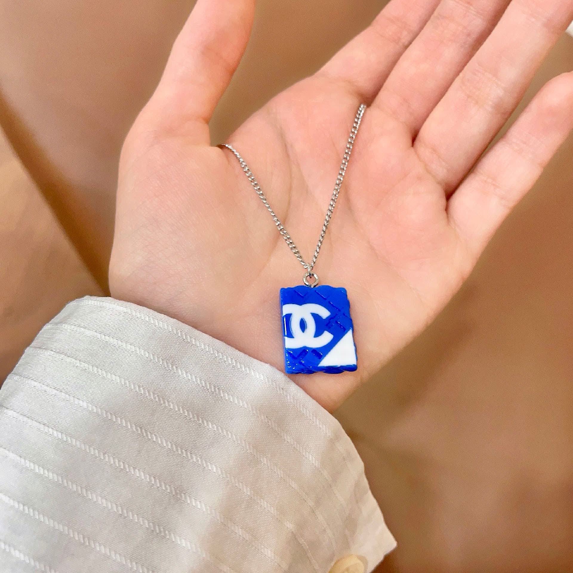 Chanel Blue Square Pendant Necklace