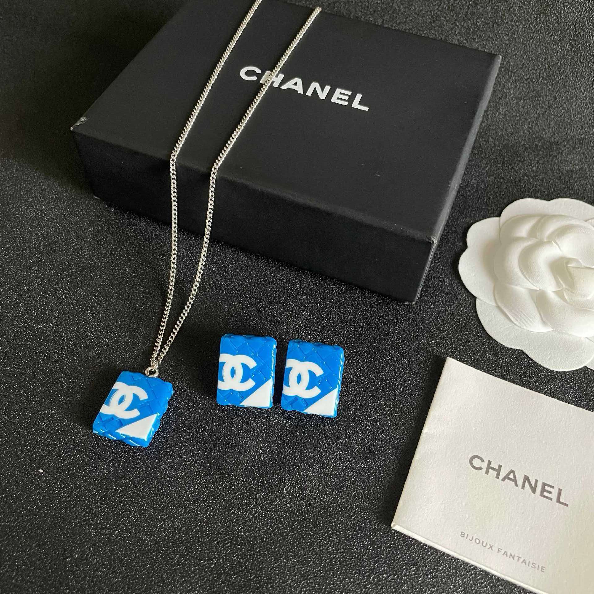Chanel Blue Square Pendant Necklace