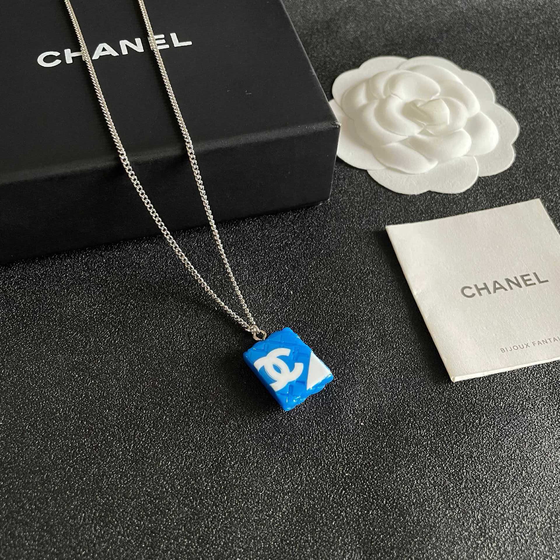 Chanel Blue Square Pendant Necklace